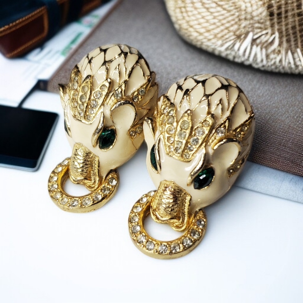 GAY BOYER Vintage 80's Panther Doorknocker Clip-on Earrings - Picture 2 of 5